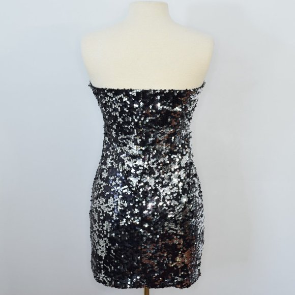 As U Wish Two Way Sequin Strapless Bodycon Evening Cocktail Dress Black Silver M - Picture 7 of 13